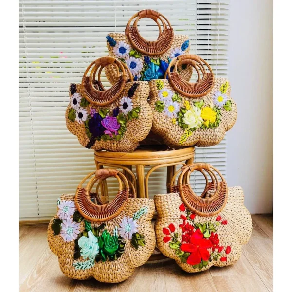 Handicraft - Handmade Rattan Bag with Floral Embroidery